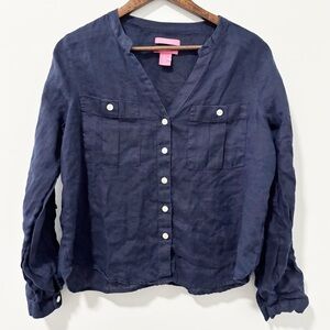 Isaac Mizrahi Linen Button-down Shirt Womens Size Medium Navy Utility Minimalist